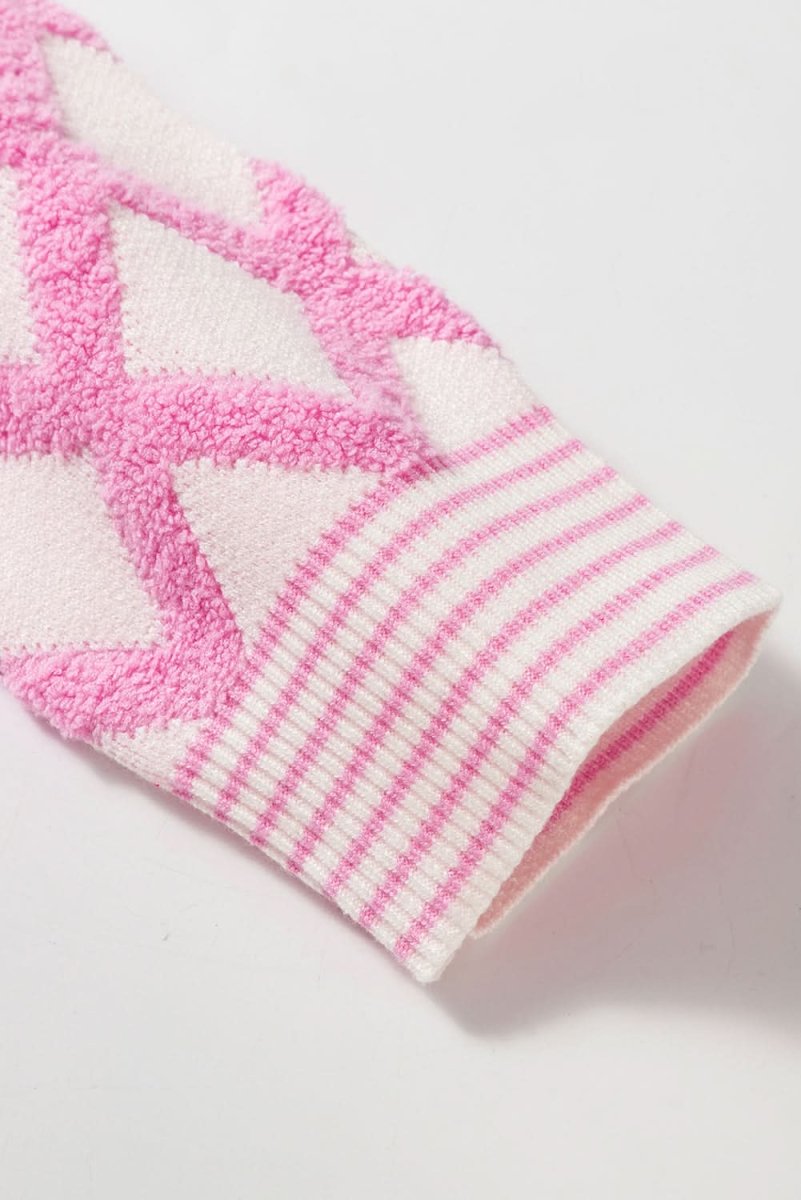 Pink Rhombus Pattern Knit Open Front Pocketed Cardigans - Love Salve